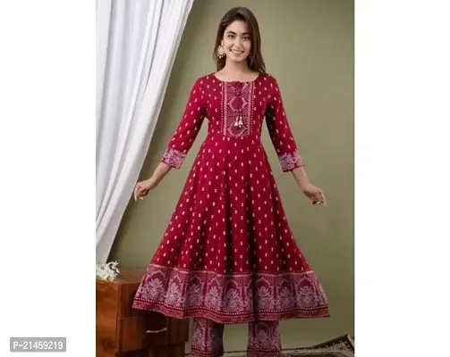 Elegant Rayon Maroon Anarkali Printed Kurta With Pant Set For Women-thumb0