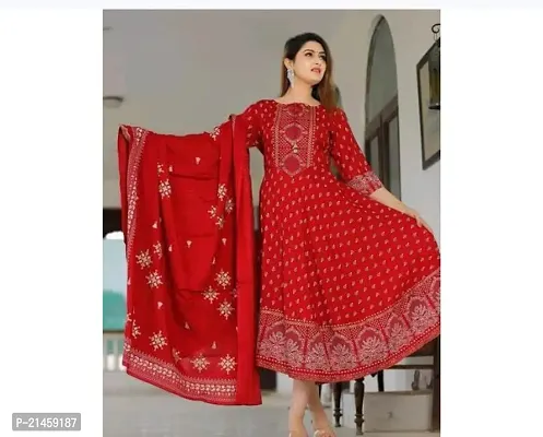 Elegant Rayon Red Anarkali Kurta With Dupatta Set For WomenPrinted-thumb0