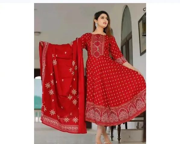 Stylish Fancy Rayon Printed Kurta With Dupatta Set