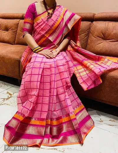 Stylish Pink Cotton Checked Saree with Blouse piece For Women-thumb0