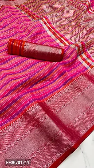 Stylish Pink Kota Doriya Striped Saree with Blouse piece For Women-thumb0