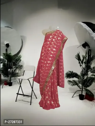 Stylish Pink Georgette Sequined Saree With Blouse Piece For Women-thumb0