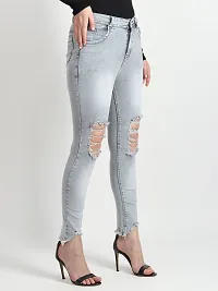 RMR Single Button Fancy Damaging Knee Cut High Rise/High Waist Jeans Plain/High Distress/Trending Slim Fit Ankle Length Lycra/Stretchable Silk/Denim Jeans For Women/Girls/Ladies (GREY)-thumb1