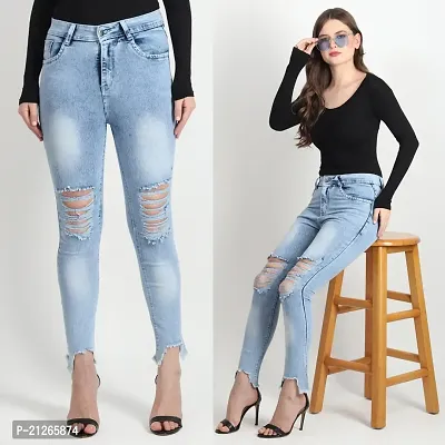 RMR Single Button Fancy Damaging Knee Cut High Rise/High Waist Jeans Plain/High Distress/Trending Slim Fit Ankle Length Lycra/Stretchable Silk/Denim Jeans For Women/Girls/Ladies (LIGHT BLUE)