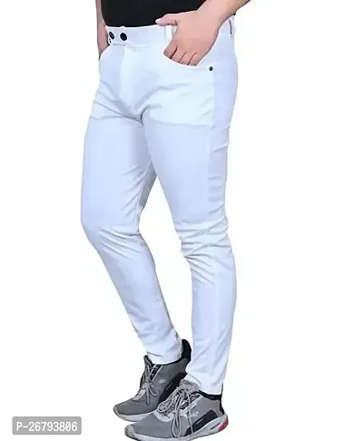 Stylish Polyester Spandex White Solid Casual Trousers For Men-thumb0