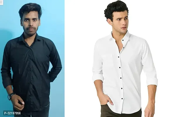 Stylish Polyester Solid Long Sleeves Shirt For Men Pack Of 2-thumb0