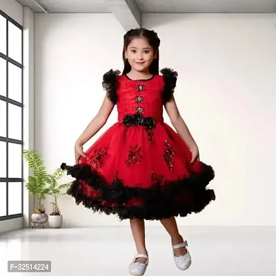 Adorable Red Net Embellished Frock For Girls-thumb0