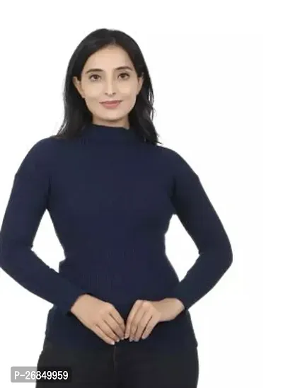 Elegant Navy Blue Self Pattern Woolen Sweaters For Women-thumb0