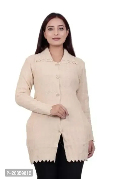 Elegant Beige Self Pattern Woolen Cardigan For Women-thumb0