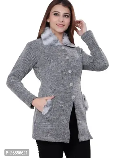 Elegant Grey Self Pattern Acrylic Cardigan For Women-thumb0