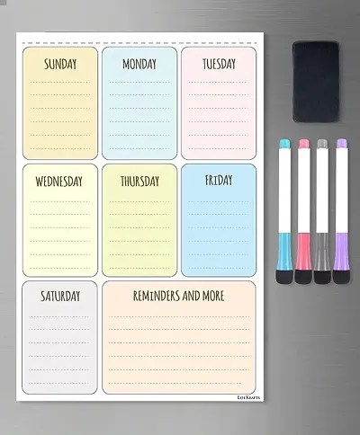 Magnetic Dry Erase Weekly Color Planner Sheet | Size(43x28) cms | Includes 4 Marker Pens, 1 Eraser | Daily Routine Responsibility, Self-Care, Reminders, Notes and More for Kids and Adults.