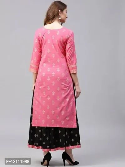 Women Gold Printed Kurta And Skirt Set(Pink)-thumb2