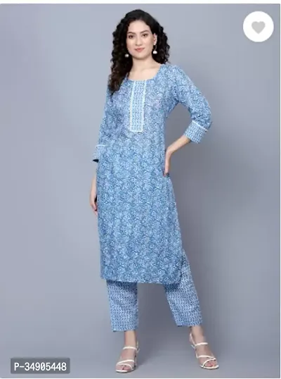 Stylish Blue Printed Cotton Blend Kurta Pant Set For Women-thumb0