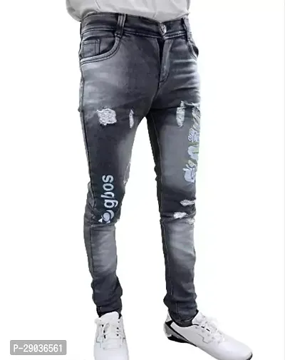 Stylish Grey Denim Printed Jeans For Boys