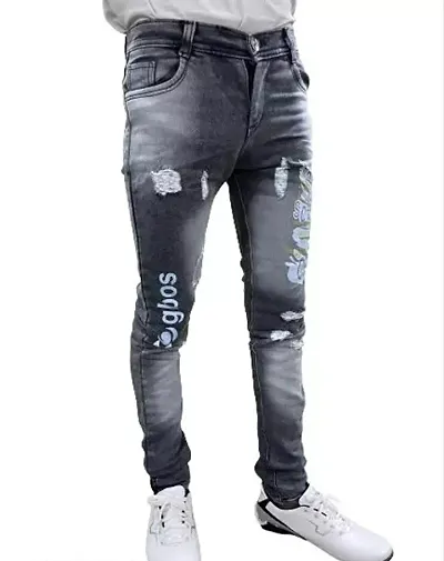 Stylish Grey Denim Printed Jeans For Boys