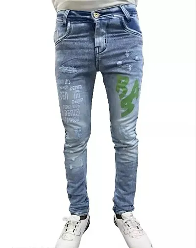 Stylish Blue Denim Printed Jeans For Boys