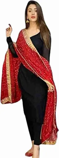 Fabrycle Women's Rayon Solid Black Color Kurti and Pant with Red Bandhej Print Dupatta