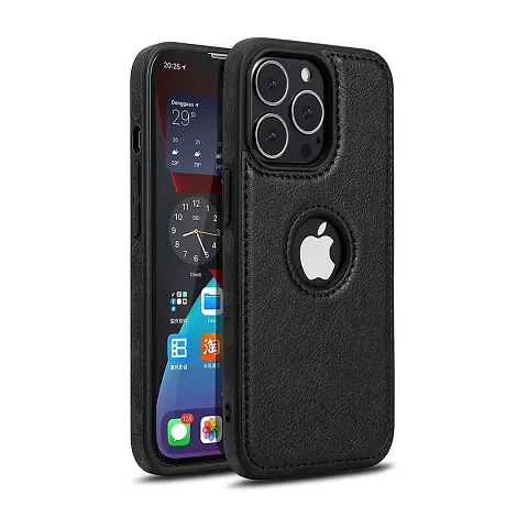 YellowCult Back Cover Case for Apple iPhone 13 Pro Max with Logo View, Made with PU Leather (6.7 Inch) (Black)