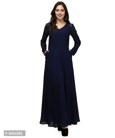 V&M Solid/Plain Women's Full Sleeves V-Neck Indo Western Flared Gown with Pockets (vm77) (vm78)-thumb2