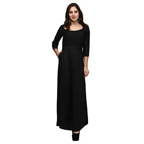 V&M Black Lace Square Designer Neck 3/4 Sleeves One Pocket On Right Side Maxi Dress, Come with Fabric Belt (vm67)