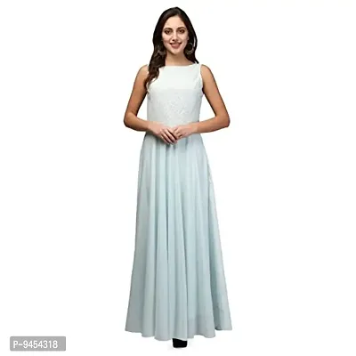 V&M Light Summer Sky Blue Color Lace Boat Neck Sleeveless Flared French Crepe Floor Length Gown Dress (vm69)-thumb0