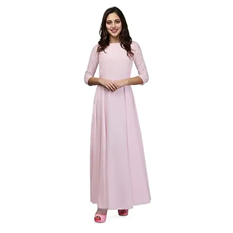 V&M Light Baby Pink Color Lace Boat Neck 3/4 Sleeve French Crepe Floor Length Gown for Women (vm70)