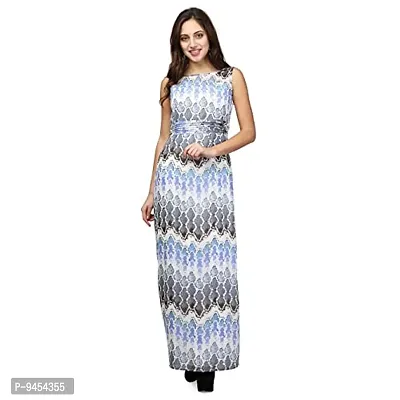 V&M Off White and Blue Printed Straight Cut Side Slit Summer Maxi Dress for Women (vm64)
