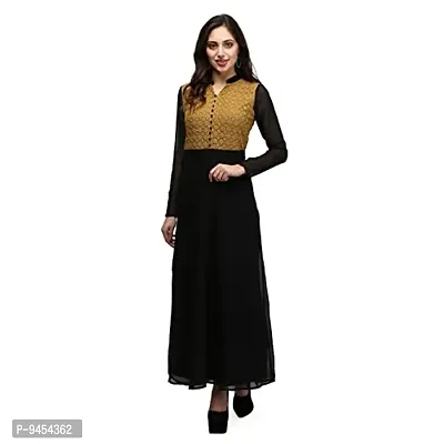 V&M Mustard - Black Lace Empire Waist Front Button Design A-line Long Indo Westen Dress for Women (vm57)