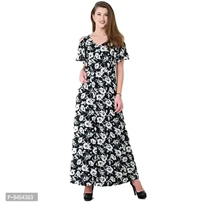 V&M Black Romantic Floral Printed Cold Shoulder Bell Sleeves Wrap Maxi Dress for Women (vm106)