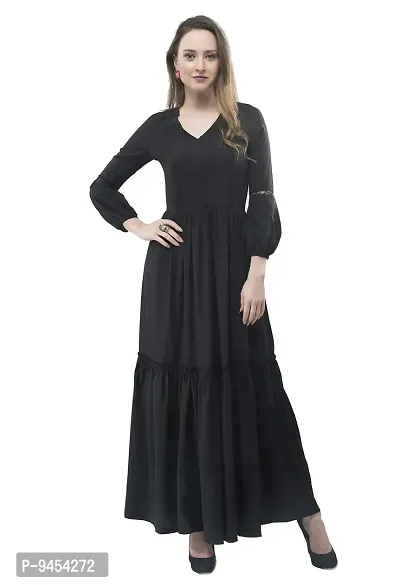 V&M Solid Color Crepe V-Neck Gathered Bishop Sleeve Long Boho Maxi Dress for Women