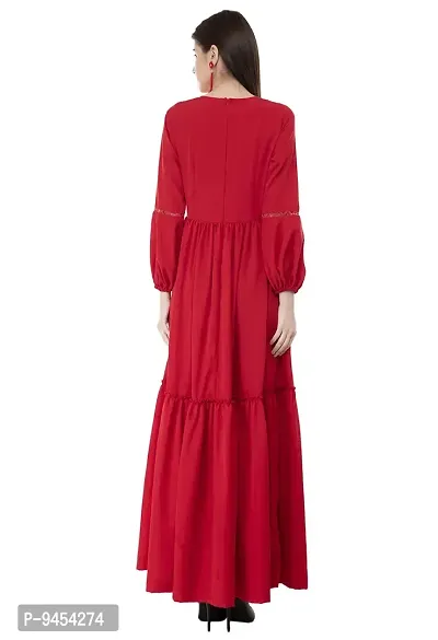 V&M Solid Color Crepe V-Neck Gathered Bishop Sleeve Long Boho Maxi Dress for Women-thumb5