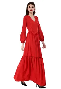 V&M Solid Color Crepe V-Neck Gathered Bishop Sleeve Long Boho Maxi Dress for Women-thumb3