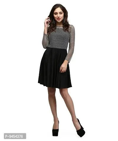 V&M Women's Black-White Lace Flared Full Sleeves Knee Length Dress (vm49)-thumb4