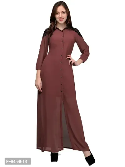 V&M Women's Solid Georgette Button Up 3/4 Sleeves Summer Shirt Long Maxi Dress (Rust, X-Large)-thumb0