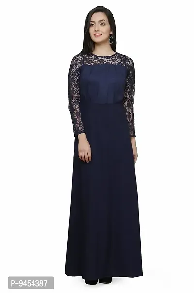 V&M Women's Blue Floral Lace Full Sleeves Jewel Neck Pleated Empire Waist Evening Long Gown Dress-thumb0