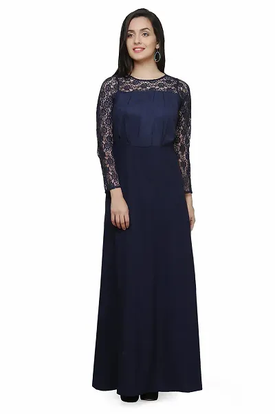 V&M Women's Blue Floral Lace Full Sleeves Jewel Neck Pleated Empire Waist Evening Long Gown Dress