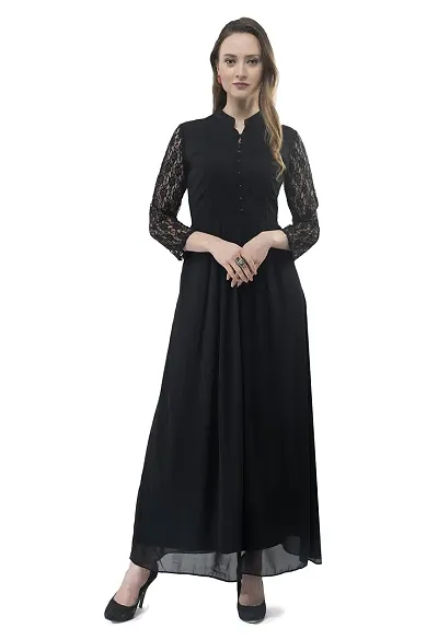 V&M Black lace and Georgette Full Sleeves Ban Collar Indo Western Long Maxi Dress for Women (vm139) (Large)