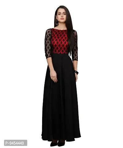 V&M Women's Black Crepe Floral Lace 3/4 Sleeves Evening Long Maxi Gown Dress (VM32) (VM33)-thumb0