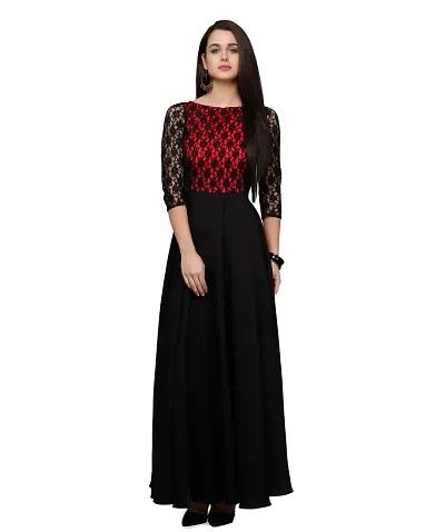 V&M Women's Black Crepe Floral Lace 3/4 Sleeves Evening Long Maxi Gown Dress (VM32) (VM33)