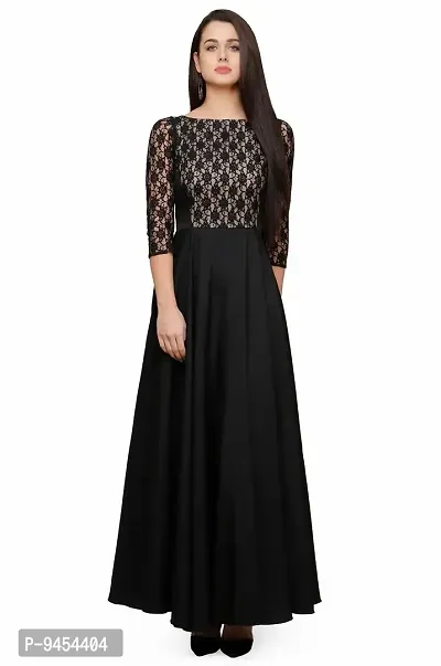 V&M Women's Black-Beige Floral Lace 3/4 Sleeves Evening Long Maxi Gown Dress-thumb0