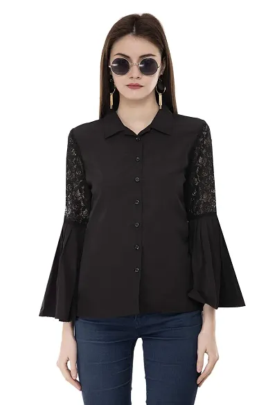 V&M Designer Button Down Shirt with Pleated Bell Sleeves Top for Women