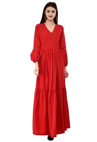 V&M Solid Color Crepe V-Neck Gathered Bishop Sleeve Long Boho Maxi Dress for Women-thumb1