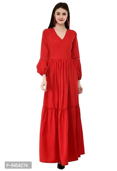 V&M Solid Color Crepe V-Neck Gathered Bishop Sleeve Long Boho Maxi Dress for Women-thumb2