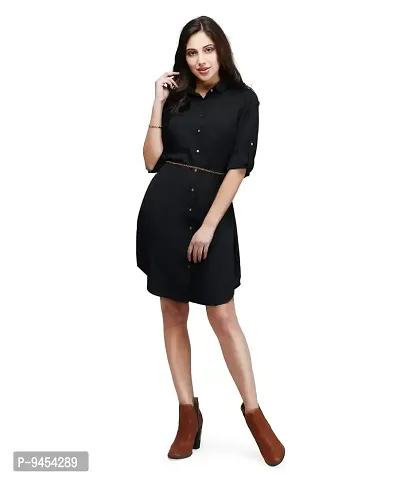 V&M Women's Black Crepe Button Up Roll Up Sleeves Summer Shirt Dress,Belt Not Included-thumb0