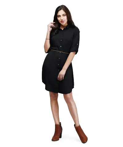 V&M Women's Crepe Button Up Roll Up Sleeves Summer Shirt Dress,Belt Not Included