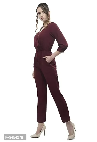 V&M Solid Color Wrap Design V-Neck Formal 3/4 Sleeves Jumpsuit for Women-thumb3
