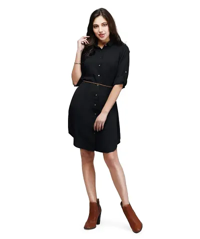 V&M Women's Solid 3/4 Roll-Up Sleeves Front Open Shirt Dress Without Belt