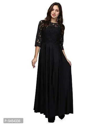 V&M Women's Black Lace and Lycra Fabric 3/4 Sleeves Stretchable Long Western Gown Dress (vm79)