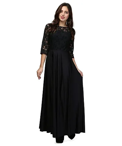 V&M Women's Lace and Lycra Fabric 3/4 Sleeves Stretchable Long Western Gown Dress (vm79)