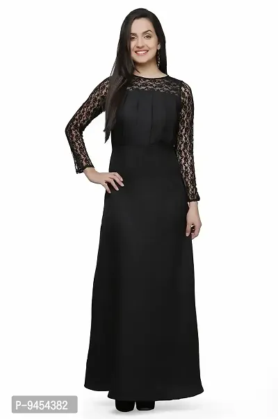 V&M Women's Black Floral Lace Full Sleeves Jewel Neck Pleated Empire Waist Evening Long Gown Dress
